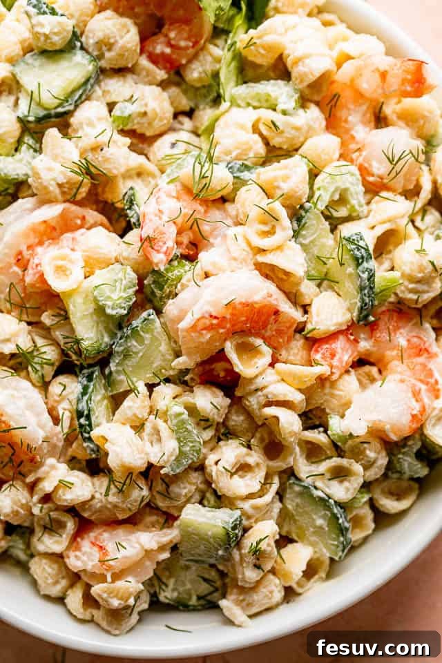 Close up shot of Creamy Shrimp Pasta Salad studded with sliced cucumbers and plump shrimp