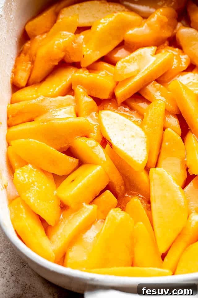 Sliced peaches in a baking dish prepped for a cake.