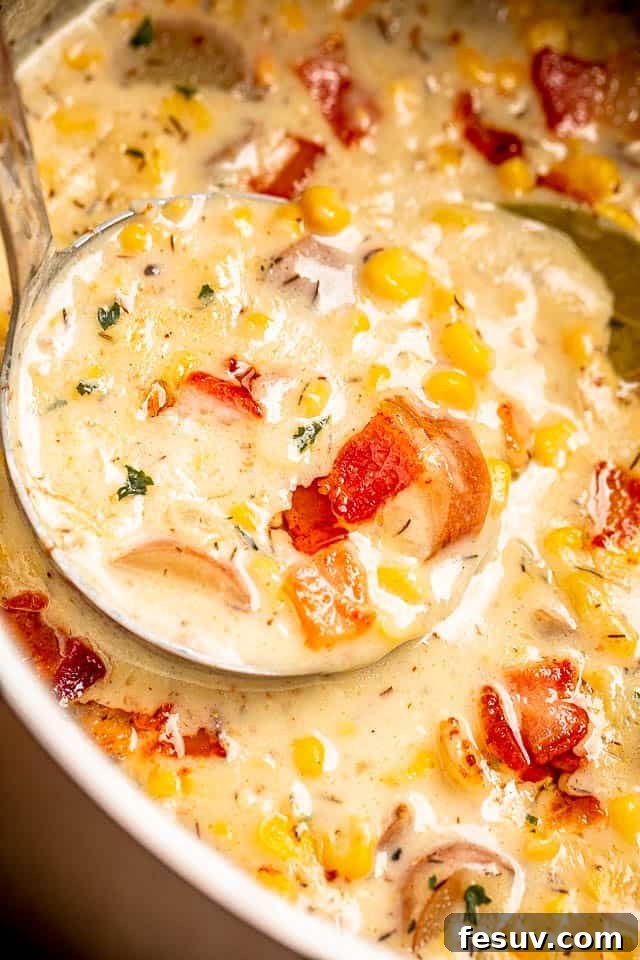 A ladle scooping creamy Instant Pot Corn Chowder out of the pressure cooker, showcasing its rich texture and chunks of corn and potatoes.