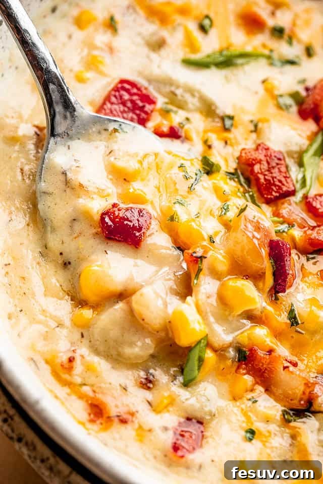 Close-up shot of creamy Instant Pot Corn Chowder with bacon bits, showing its thick texture and appetizing appearance.