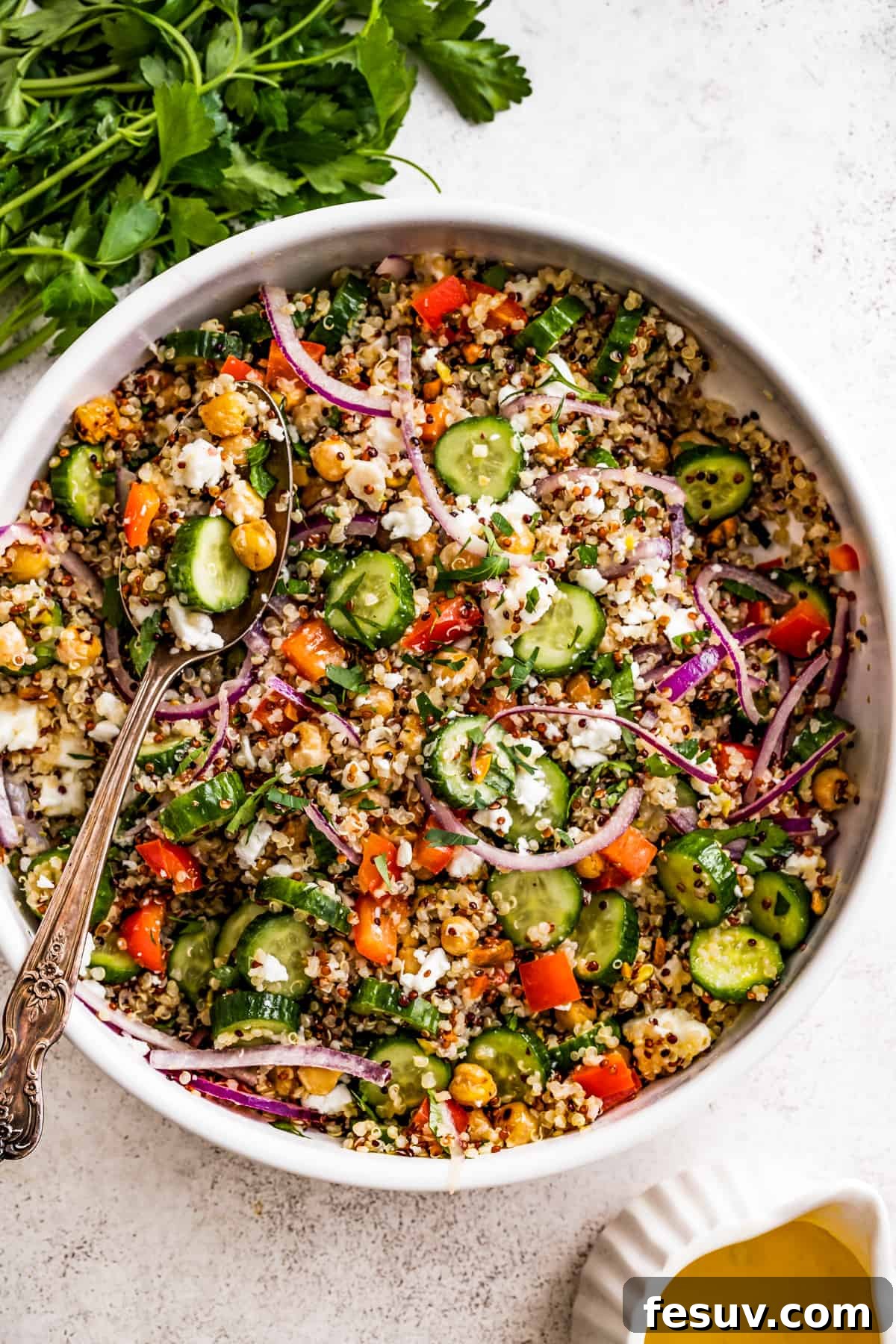 Overhead shot of a big bowl with Jennifer Aniston's bulgur salad.