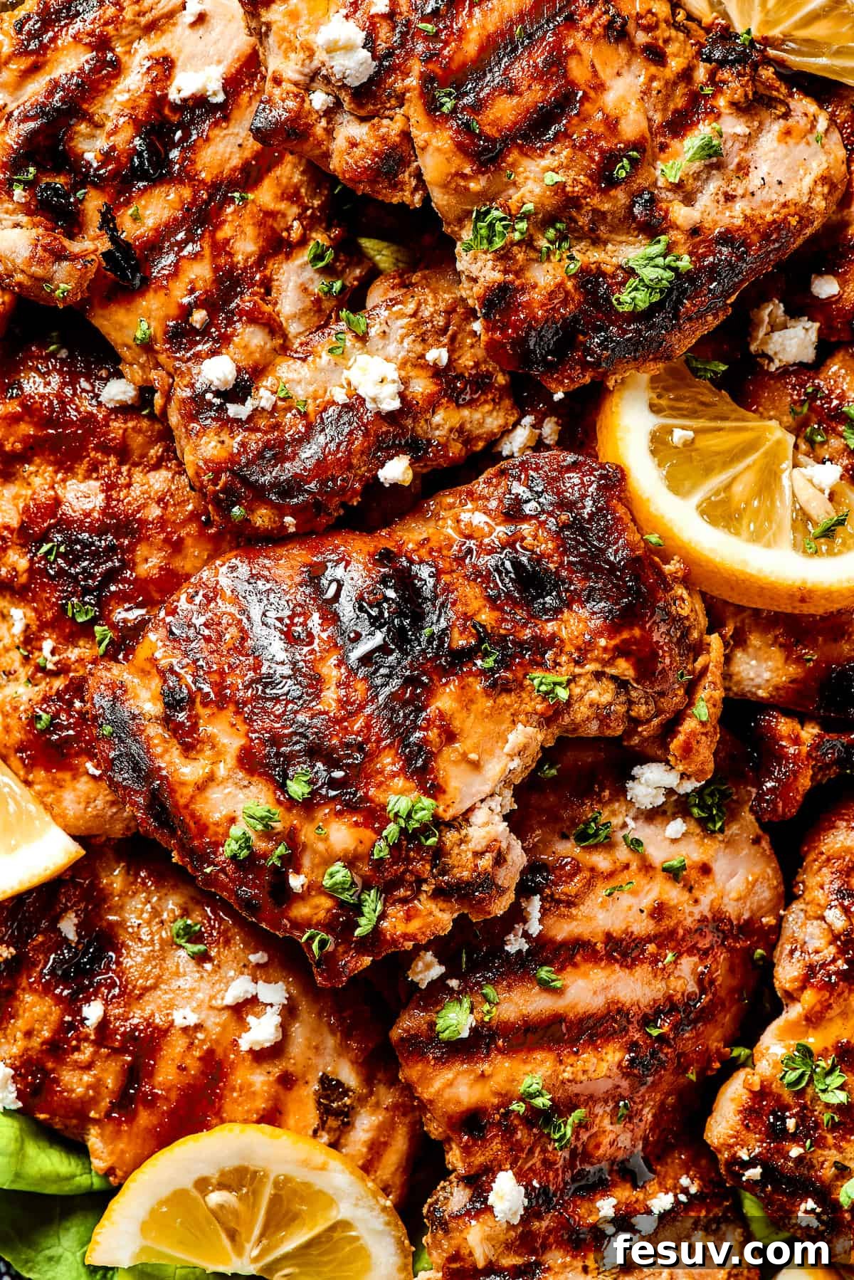 Close-up of grilled yogurt marinated chicken with feta. A close-up shot of perfectly grilled yogurt-marinated chicken, topped with crumbled feta cheese and fresh herbs, highlighting its golden-brown exterior.