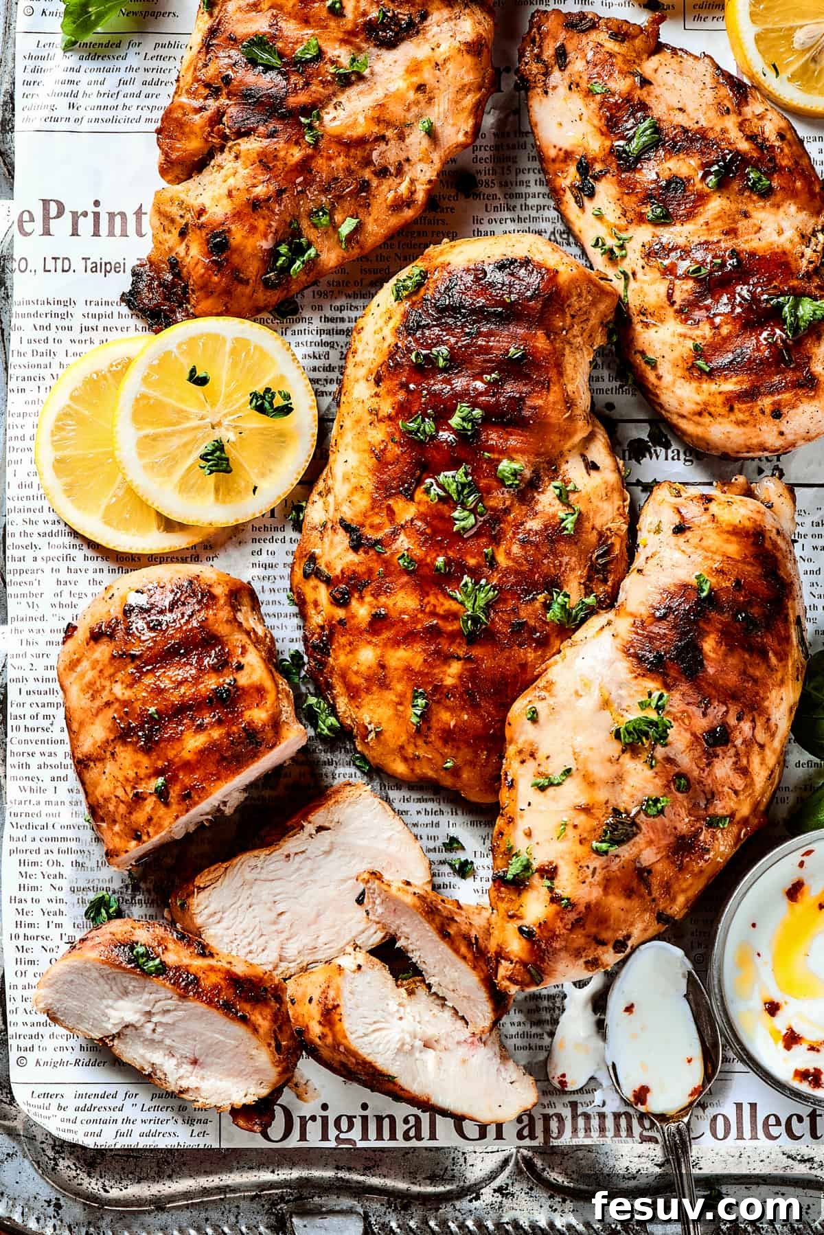 Fresh, flavorful Lemon Chicken is incredibly easy to make, and totally mouthwatering, too! Black pepper, garlic, fresh herbs, and lemon. Yum! A sheet pan of lemon chicken with fresh herbs and lemon slices, ready to be served.