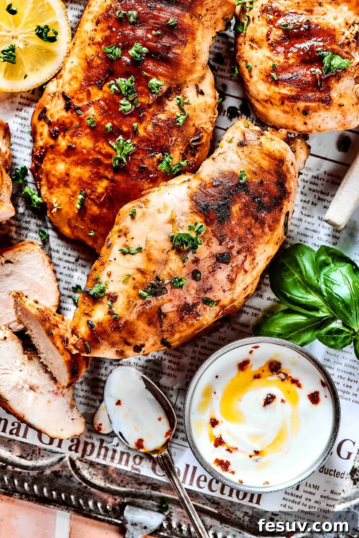 Fresh, flavorful Lemon Chicken is incredibly easy to make, and totally mouthwatering, too! Black pepper, garlic, fresh herbs, and lemon. Yum! Grilled lemon chicken sprinkled with herbs, served next to a creamy yogurt dip.