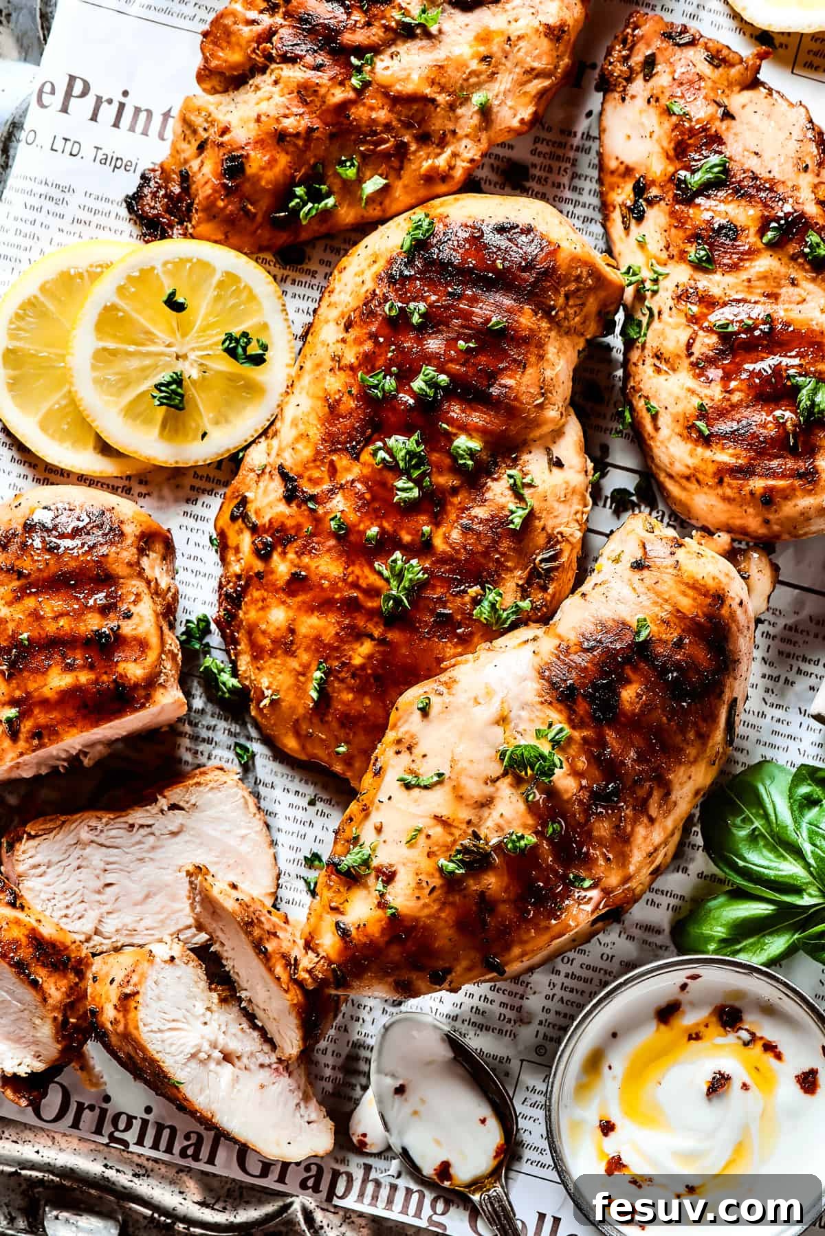 Fresh, flavorful Lemon Chicken is incredibly easy to make, and totally mouthwatering, too! Black pepper, garlic, fresh herbs, and lemon. Yum! A metal tray with cooked, marinated chicken, garnished with fresh lemon slices and herbs.