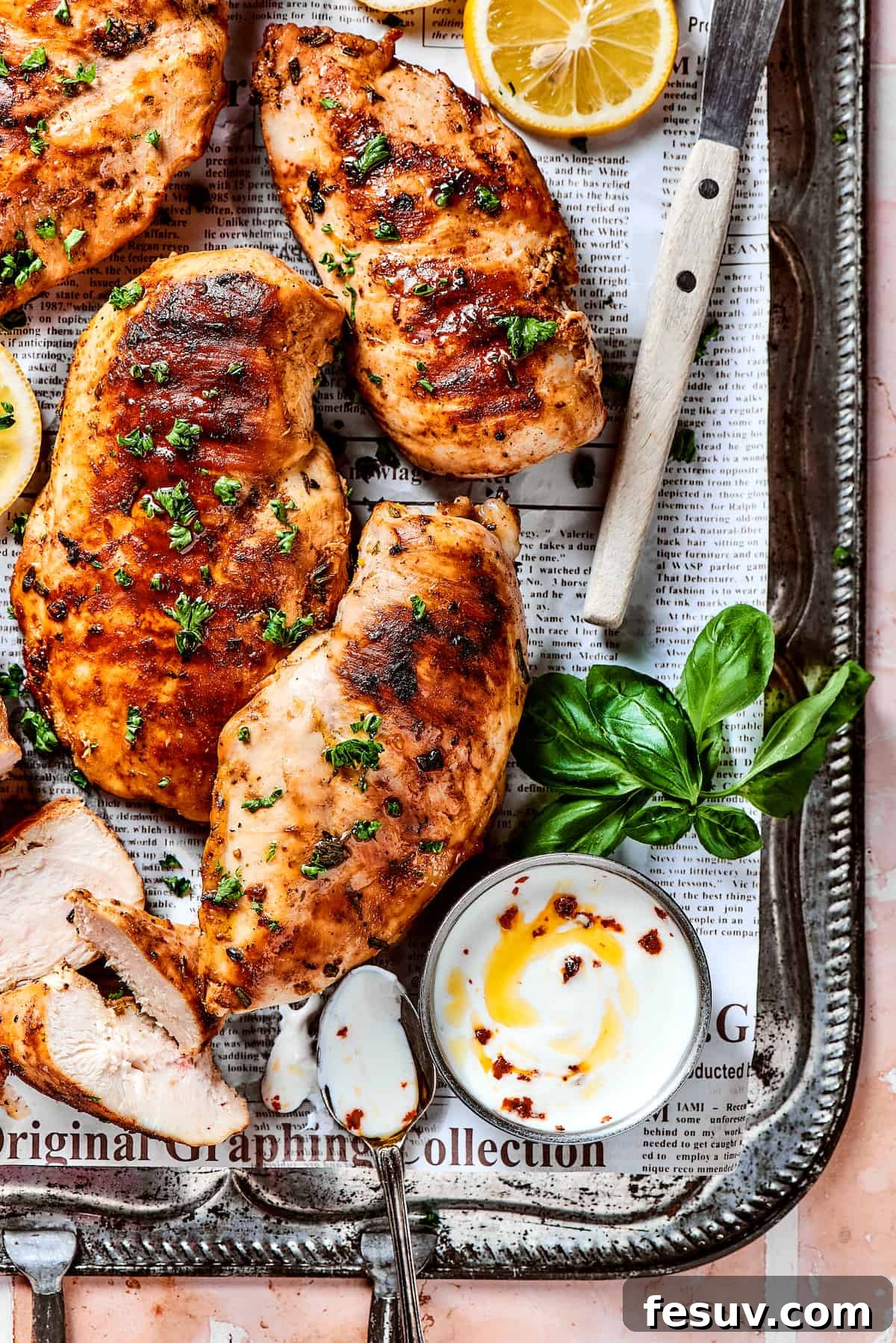 Fresh, flavorful Lemon Chicken is incredibly easy to make, and totally mouthwatering, too! Black pepper, garlic, fresh herbs, and lemon. Yum! A metal tray of perfectly cooked, marinated lemon chicken, garnished with fresh herbs.