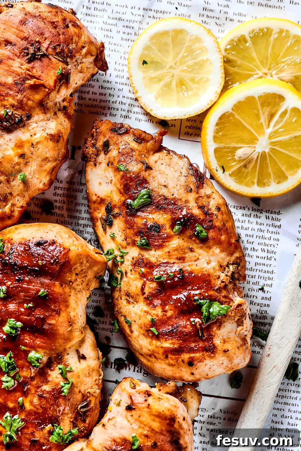 Fresh, flavorful Lemon Chicken is incredibly easy to make, and totally mouthwatering, too! Black pepper, garlic, fresh herbs, and lemon. Yum! Close-up shot of a perfectly grilled chicken breast, showcasing its golden-brown crust.
