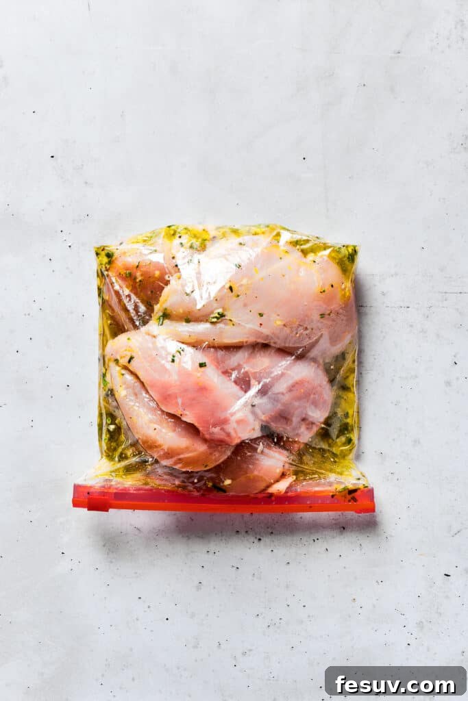 Fresh, flavorful Lemon Chicken is incredibly easy to make, and totally mouthwatering, too! Black pepper, garlic, fresh herbs, and lemon. Yum! Chicken breasts in a zip-top bag thoroughly coated with the lemon herb marinade.