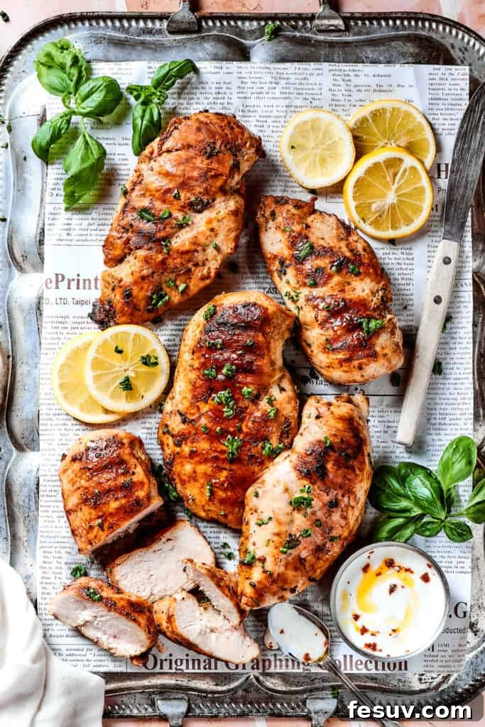 Fresh, flavorful Lemon Chicken is incredibly easy to make, and totally mouthwatering, too! Black pepper, garlic, fresh herbs, and lemon. Yum! A large platter of perfectly grilled lemon chicken breasts, garnished with fresh herbs.