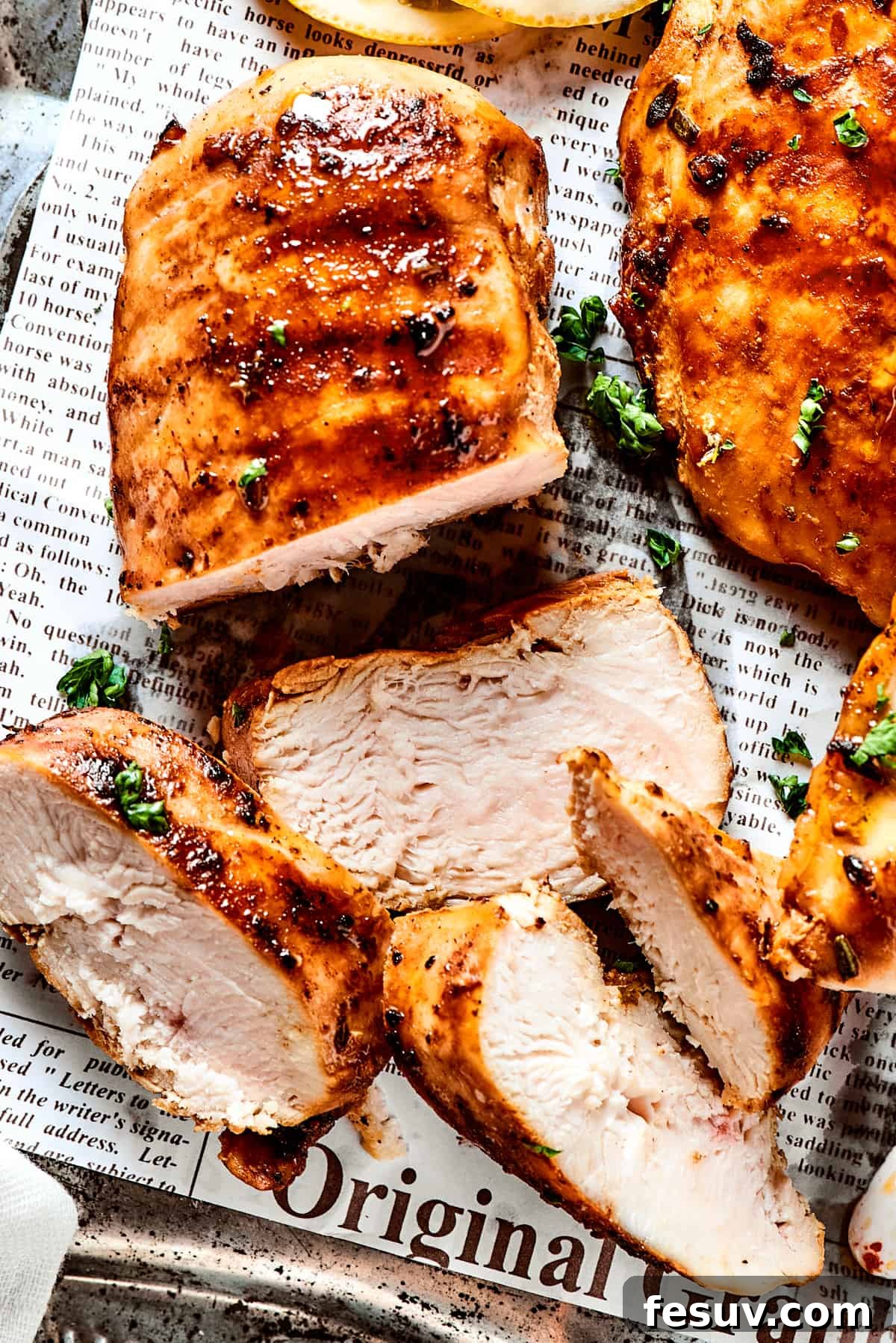 Fresh, flavorful Lemon Chicken is incredibly easy to make, and totally mouthwatering, too! Black pepper, garlic, fresh herbs, and lemon. Yum! Sliced, cooked chicken breast on a tray, showing its juicy interior.