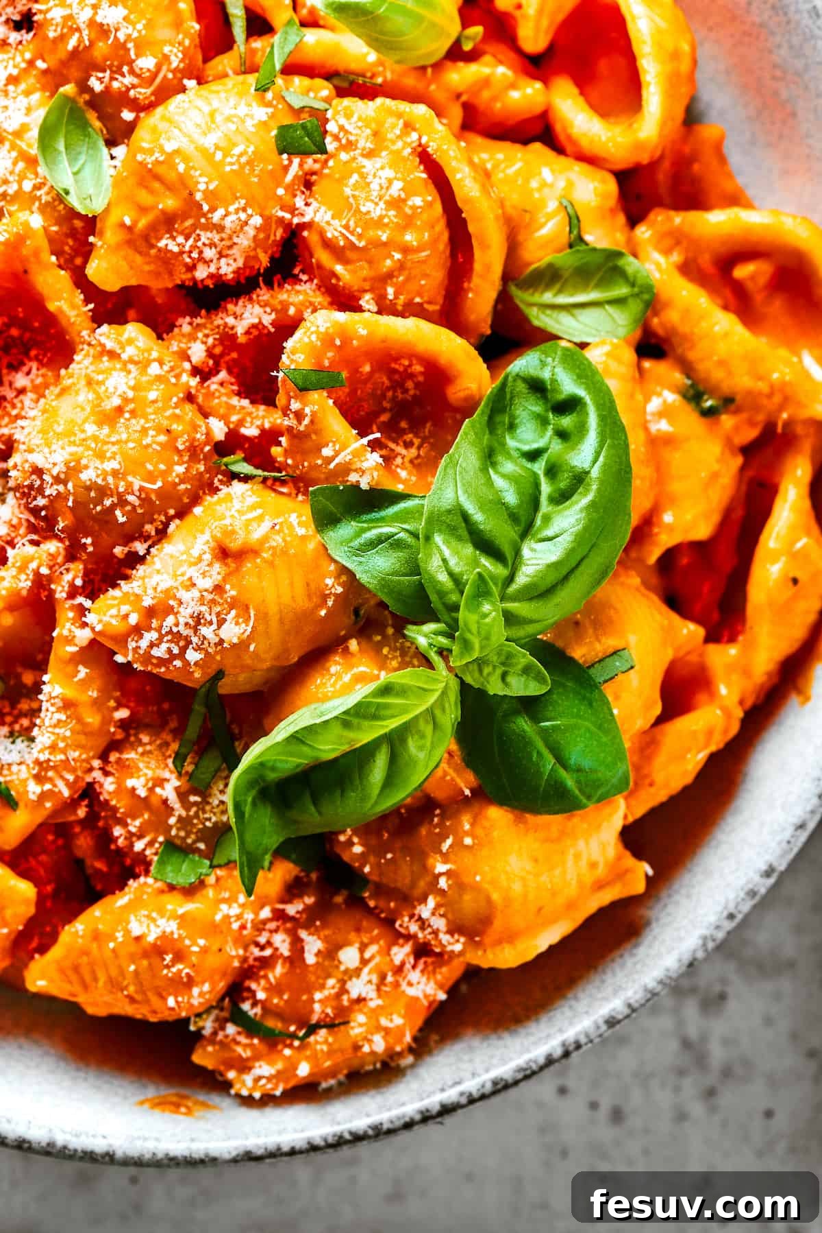 Pasta shells in creamy tomato sauce, generously sprinkled with freshly grated Parmesan.