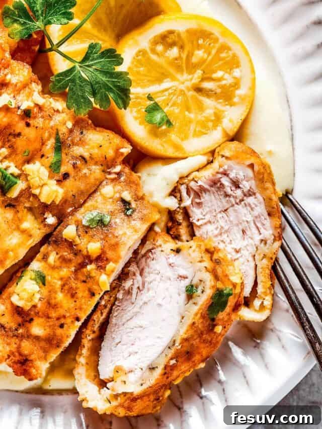 Serving up a delicious Lemon Chicken Recipe: Crispy, parmesan-crusted chicken with real lemon butter sauce. A close-up of a beautifully plated, sliced breaded chicken breast, garnished with fresh parsley and lemon slices.