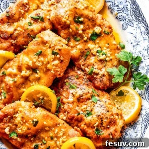Homemade lemon chicken recipe arranged on a platter with parsley and lemon slices.