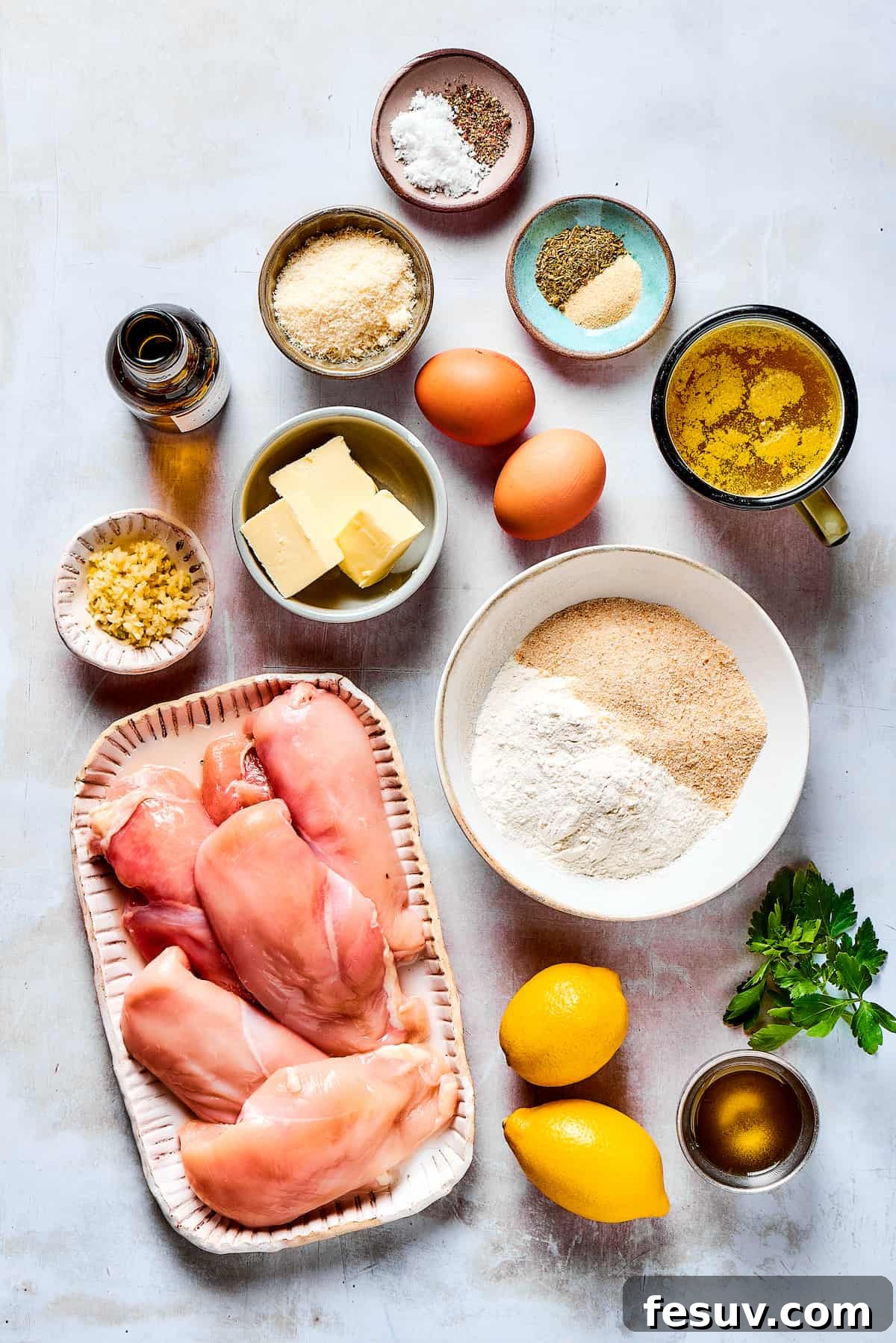 All the delicious ingredients for a crispy, parmesan-crusted lemon chicken with a real lemon butter sauce! An array of ingredients for lemon chicken: salt, pepper, garlic, Italian seasoning, broth, eggs, breadcrumbs, flour, parsley, olive oil, lemons, chicken breast, butter, parmesan, white wine.