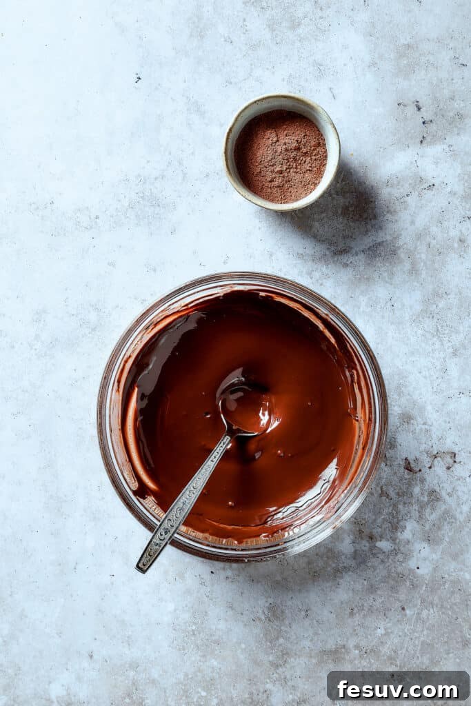 Melted chocolate in a mixing bowl next to a dish of cocoa powder.