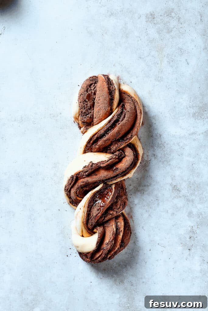 Layered, chocolate filled pieces of dough wrapped around each other.