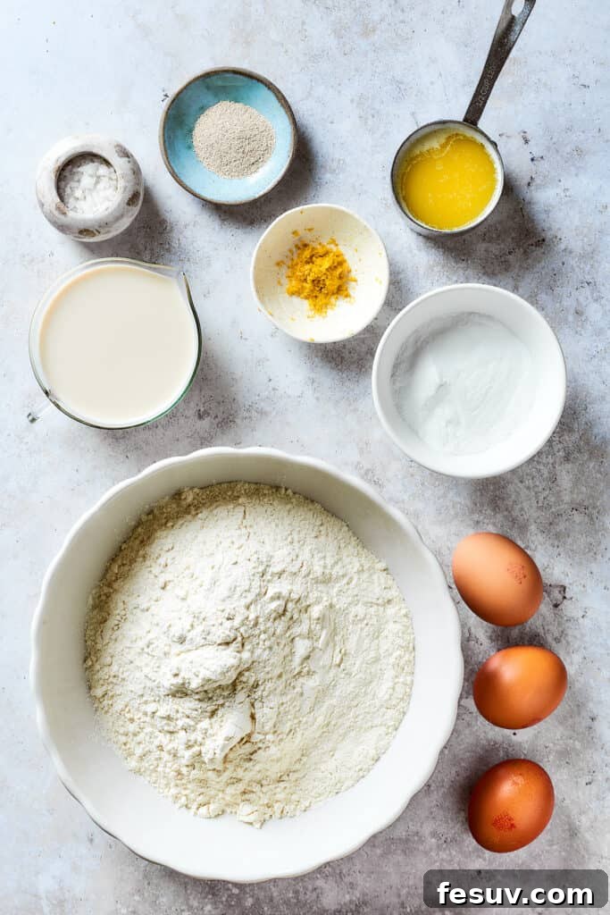 Baking ingredients measured and arranged on a work surface.