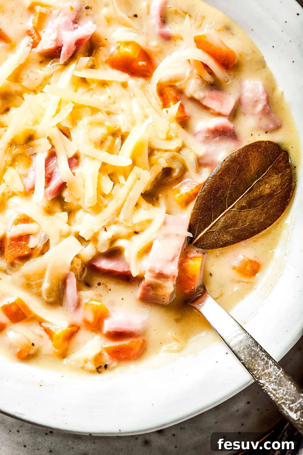 This Creamy Reuben Soup takes corned beef, sauerkraut, and Swiss to a whole new level! It's a comfy, cozy masterpiece in a bowl. Close-up of Reuben soup made with corned beef and sauerkraut, and sprinkled with Swiss cheese.
