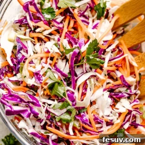 Zesty Asian Cabbage Crunch 5 Stirring through shredded red and green cabbage and carrots.