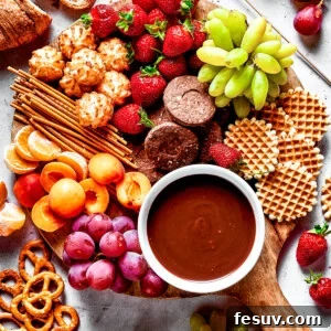 A dessert board with fruit, waffles, pretzels, and with a bowl of fondue in the center.