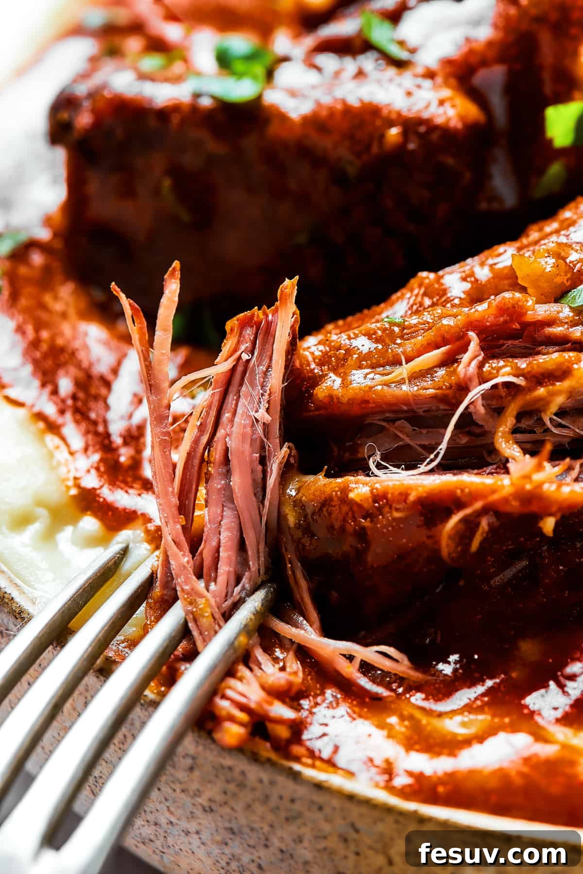 Instant Pot Short Ribs with balsamic sauce are easy to make and so good. Using the Instant Pot gives you irresistibly tender short ribs. A close-up shot of a fork gently pulling apart the tender meat of Instant Pot short ribs, emphasizing their juicy, fall-apart texture.