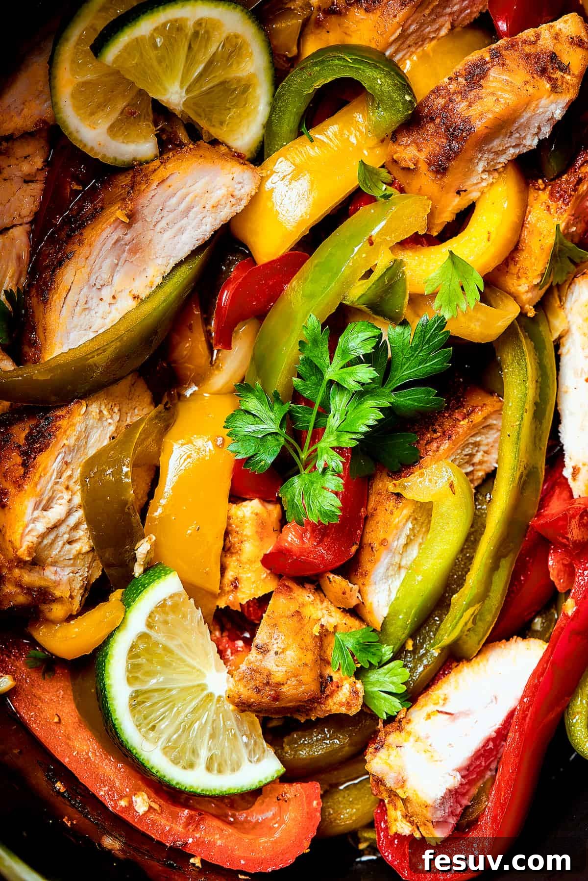 Close-up shot of perfectly seasoned chicken and colorful bell peppers ready to slow cook in a crockpot.