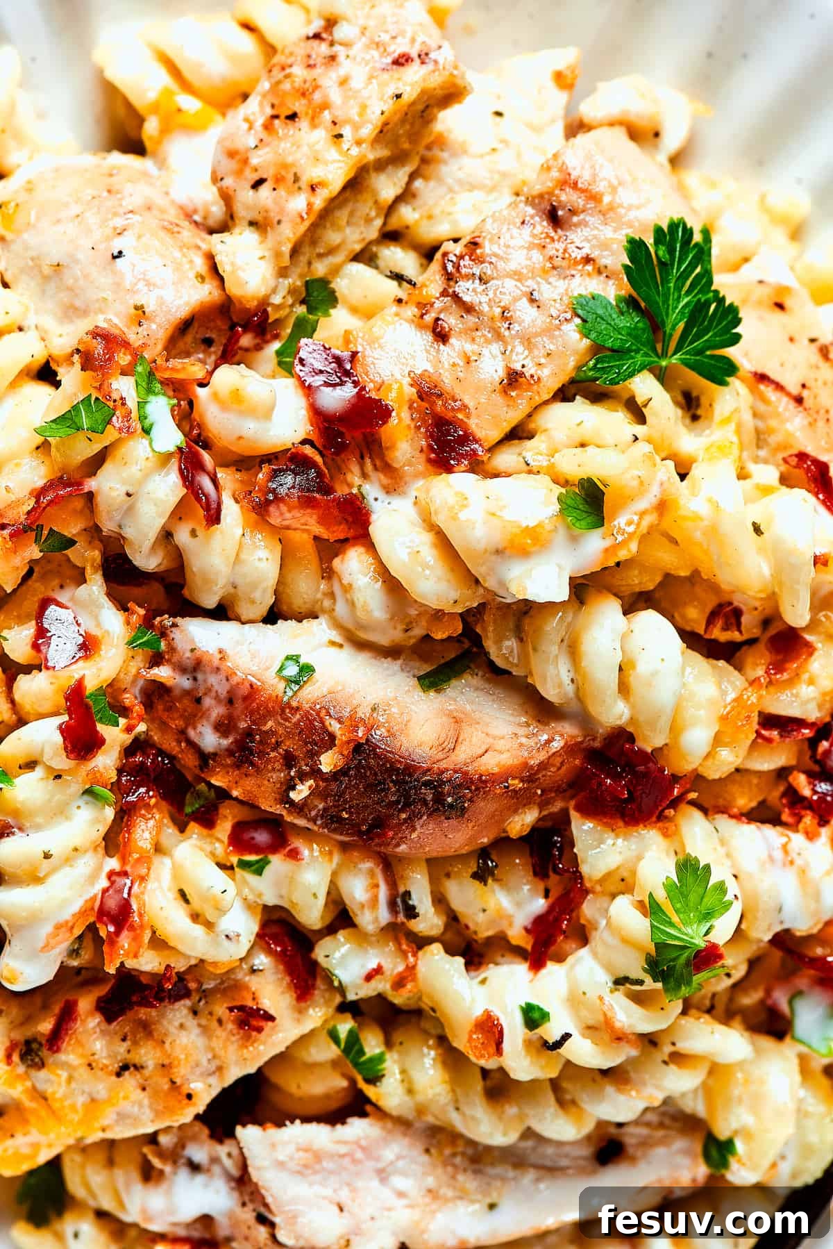 The Perfect Finish: Fresh Parsley on Creamy Chicken Bacon Ranch Pasta! Close-up shot of a serving of creamy chicken bacon ranch pasta, generously garnished with fresh parsley.