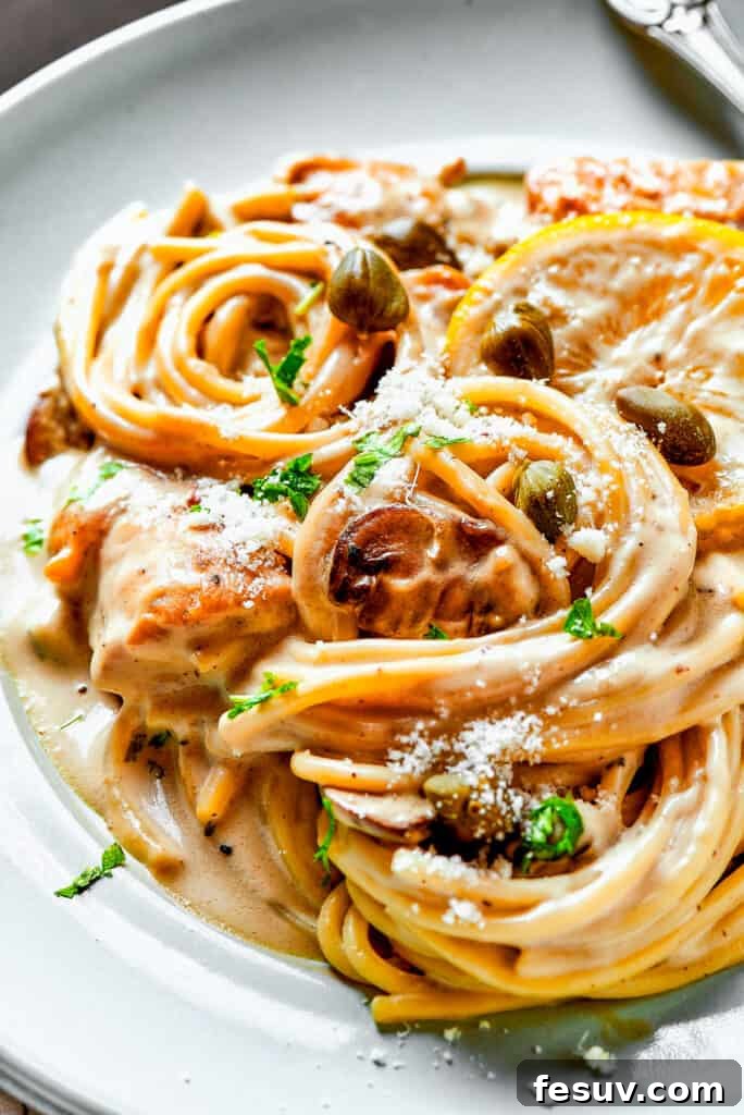 The finished creamy pasta dish. A close-up view of the finished creamy pasta with chicken, capers, and lemon, ready to be served.
