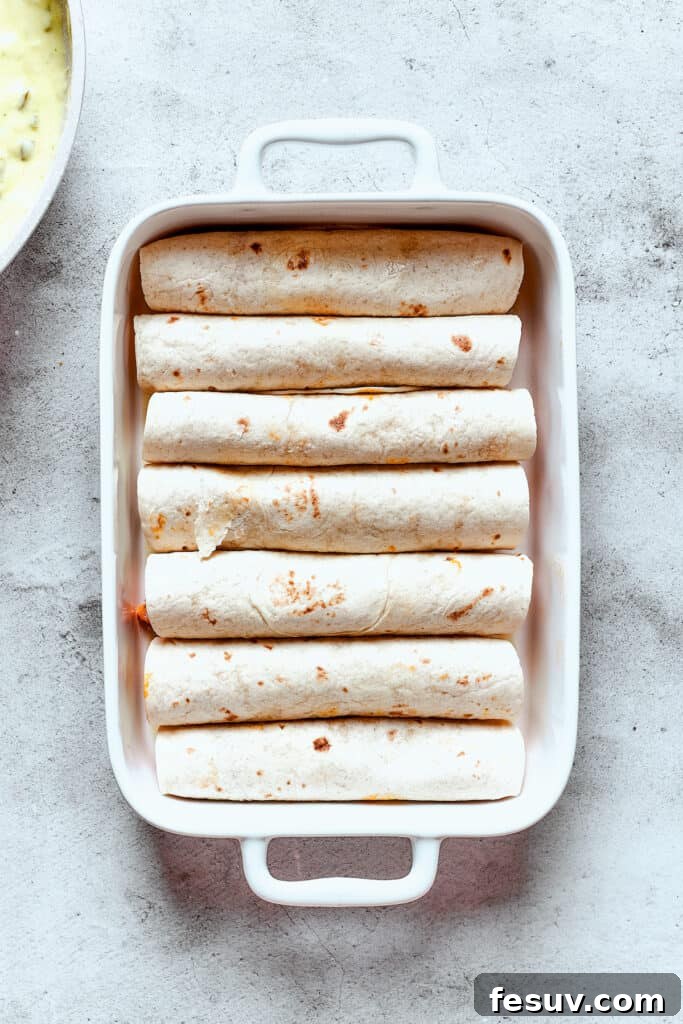 A baking dish full of rolled-up enchiladas.