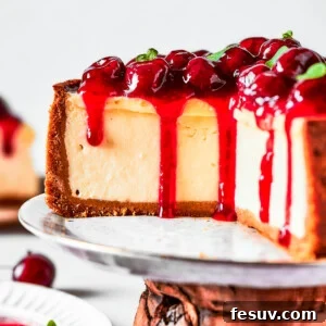 Cherry cheesecake on a cake stand.
