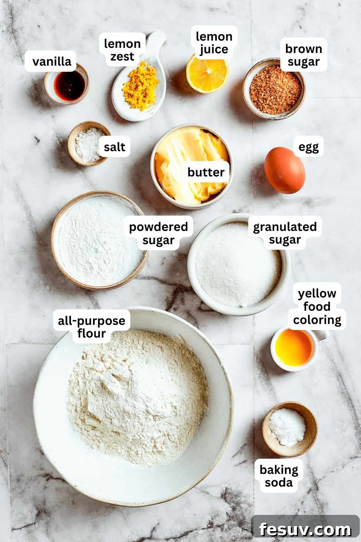 Aerial view of all the ingredients used to make lemon cookies.