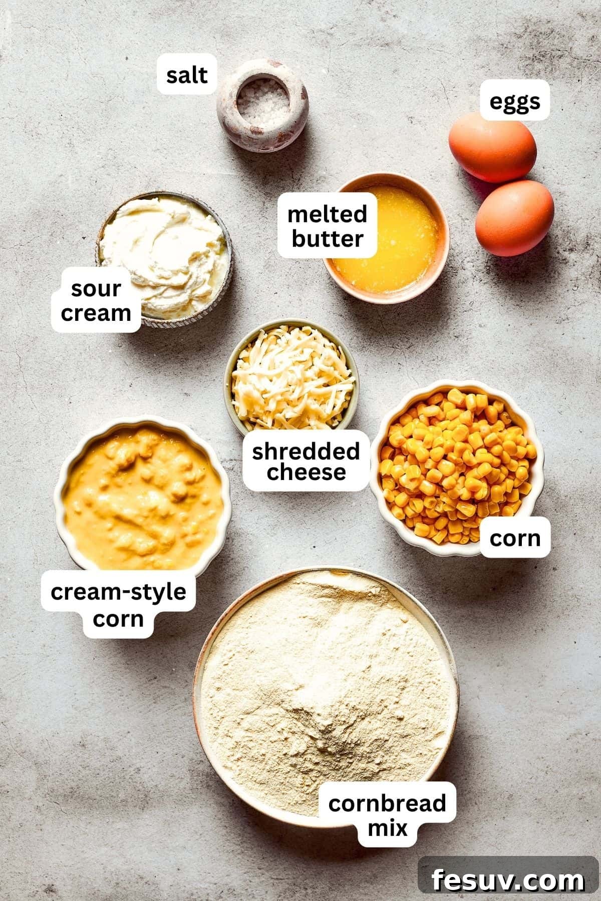 Golden Cloud Corn Souffle 3 An overhead view of all the fresh ingredients laid out for making Corn Souffle.