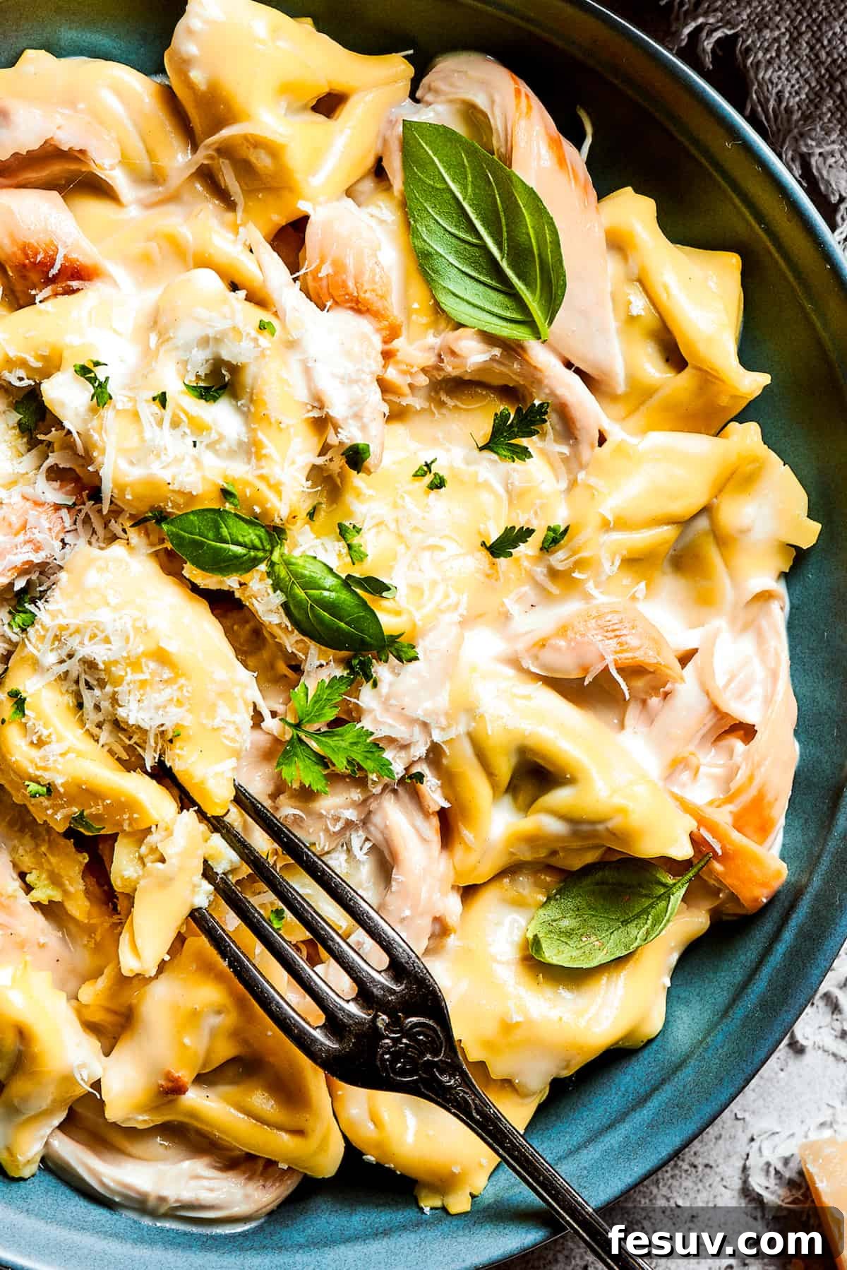 A blue bowl with a fork holds a creamy portion of chicken tortellini garnished with parmesan cheese and basil leaves.