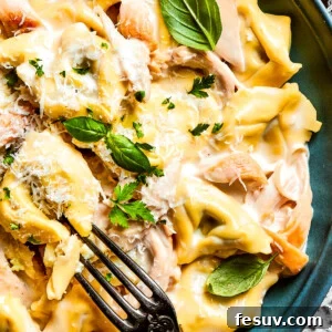 A blue bowl with a fork holds a creamy portion of chicken tortellini garnished with parmesan cheese and basil leaves.