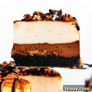 A cake server holding up a slice of turtle cheesecake.