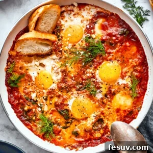 Cooked eggs in purgatory in a skillet are garnished with parsley and toasted bread with a silver spoon resting on its edge.