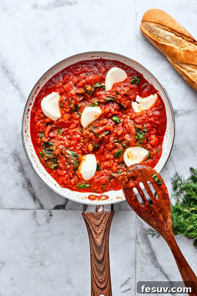 Mozzarella Cheese Scattered in the Tomato Sauce Thick slices of fresh mozzarella cheese are seen peeking through a hearty red tomato sauce in a skillet, anticipating their melt into the dish, with a wooden spoon nearby.
