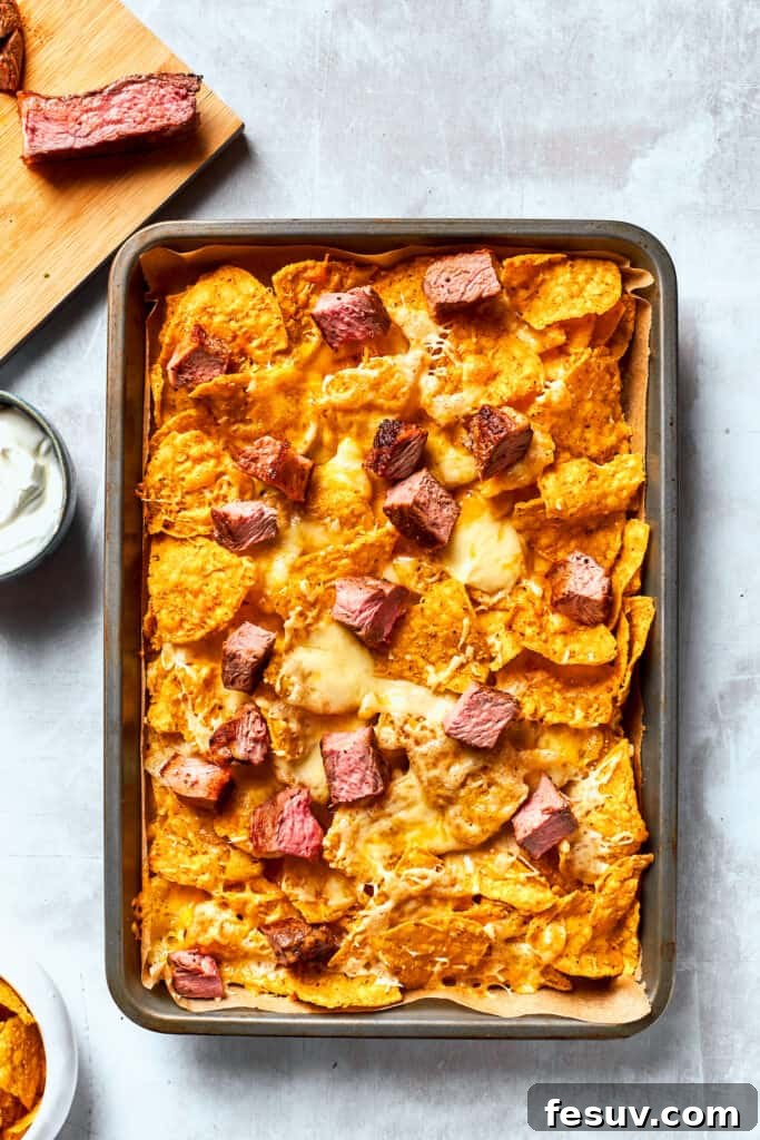 A pan of tortilla chips topped with steak and cheese.