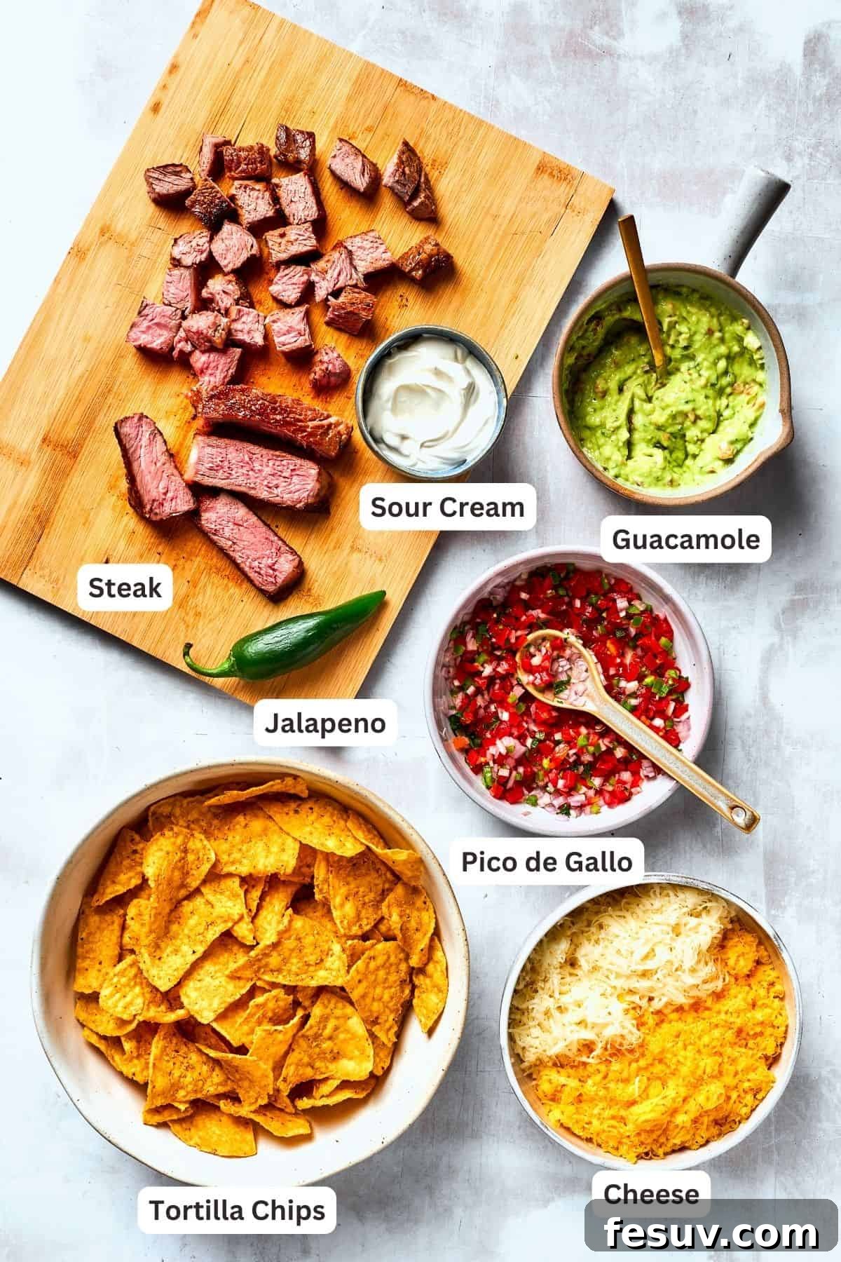 Ingredients for steak nachos are shown portioned out - guacamole, steak, pico de gallo, chips, and cheese.