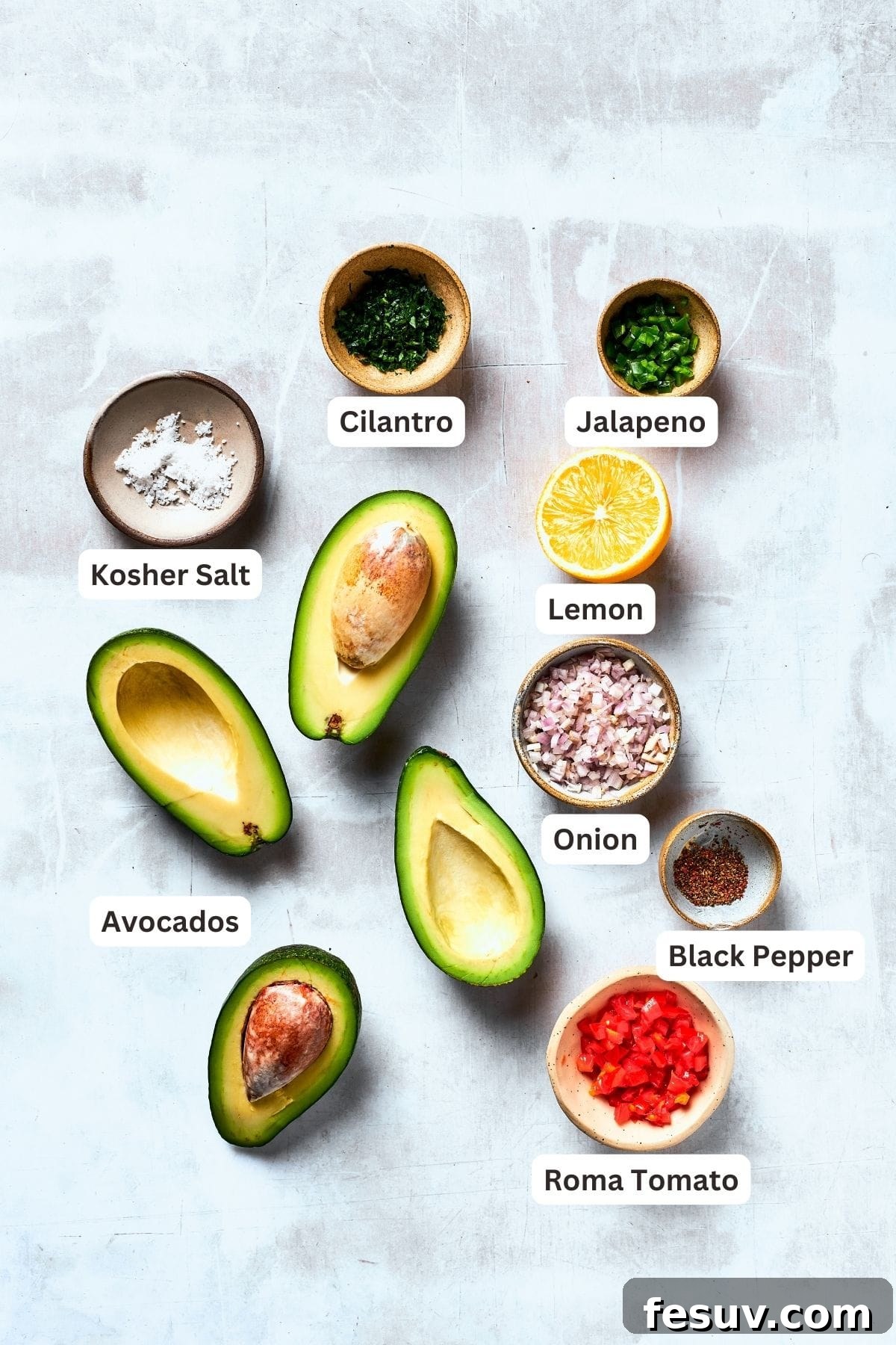 Guacamole ingredients are shown portioned out: avocados, garlic, onions, tomatoes, lemon huice, salt.