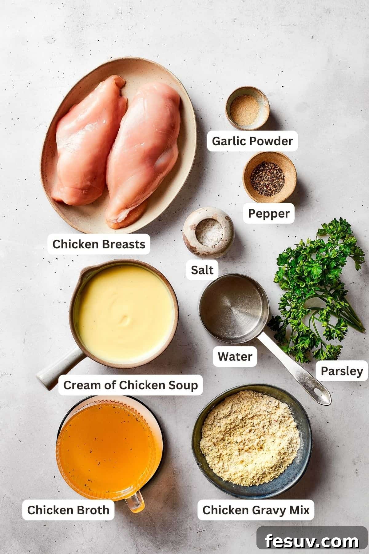 The ingredients for chicken and gravy are shown portioned out: chicken breasts, parsley, cream of chicken soup, pepper, salt, garlic powder, water, chicken broth, chicken gravy mix.