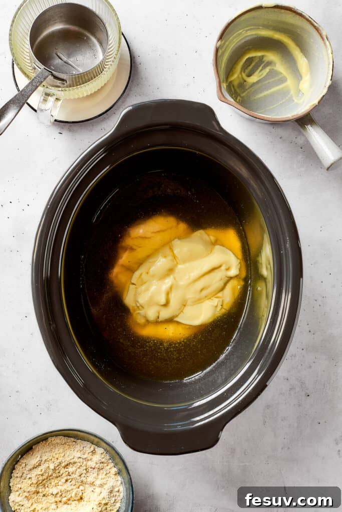 Chicken broth and cream of chicken soup are placed in a slow cooker.