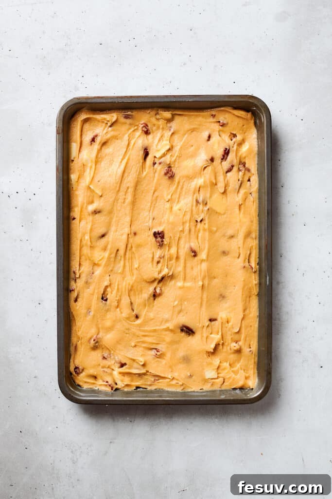 Blonde Brownies | Vanilla Blondies with White Chocolate and Pecans! The prepared blonde brownies batter, studded with white chocolate chips and pecans, is smoothly spread into a greased 9x13-inch baking pan, ready for the oven.