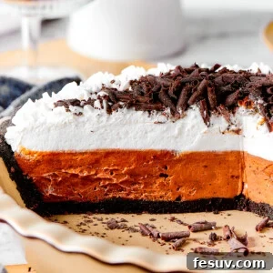 A whole French Silk Pie, showcasing its smooth, dark chocolate filling and generous swirls of vanilla whipped cream atop a dark Oreo crust.