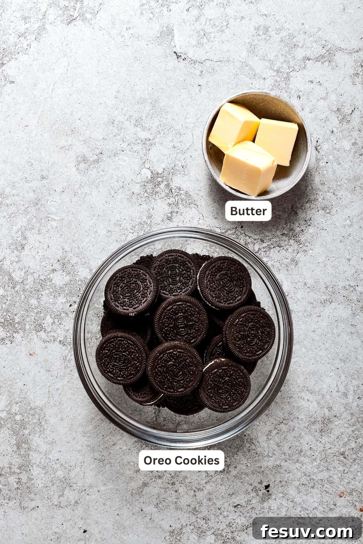 Two key ingredients for French Silk Pie crust: a stack of Oreo cookies and a stick of unsalted butter.