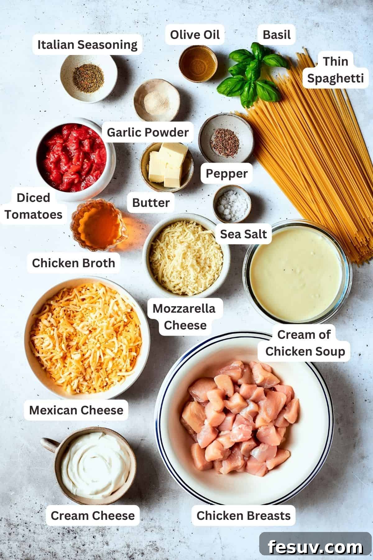 Ingredients needed for cheesy chicken spaghetti are shown portioned out: spaghetti, chicken, tomatoes, mozzarella cheese, Mexican cheese blend, cream of chicken soup, salt and pepper, broth, butter, garlic and onion powders, cream cheese.