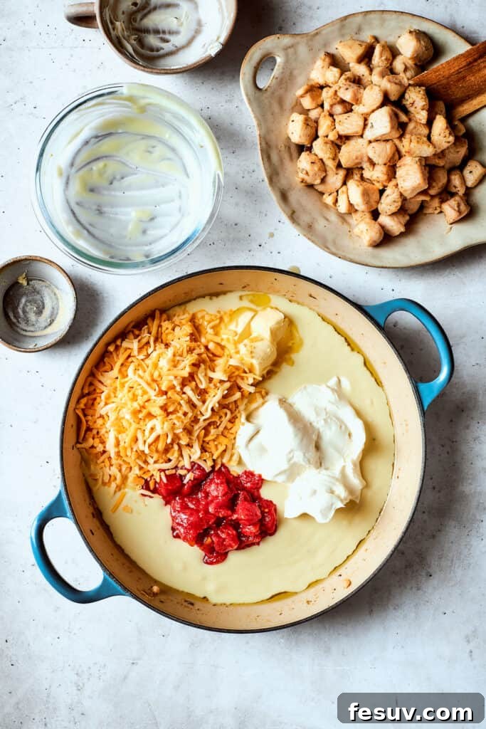 Making the creamy, cheesy sauce for cheesy chicken spaghetti with tomatoes, cream of chicken soup, cream cheese, chicken broth, and Mexican cheese blend.