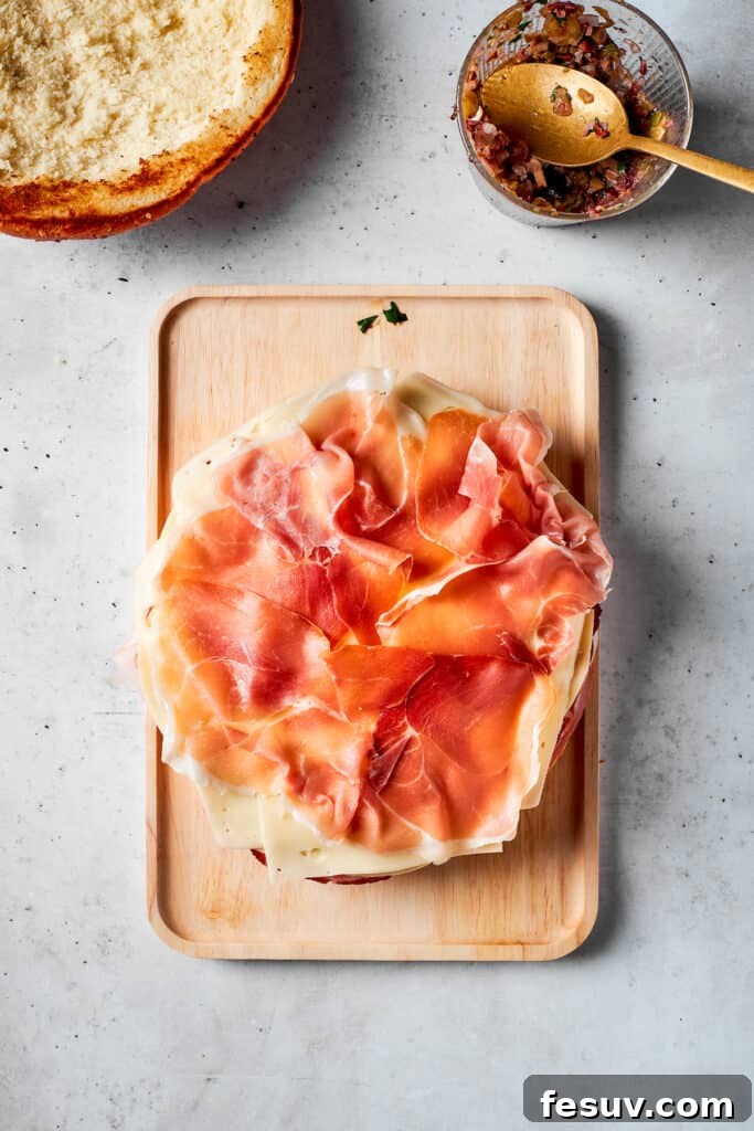 Delicate slices of prosciutto being added as a luxurious layer to the muffaletta sandwich.