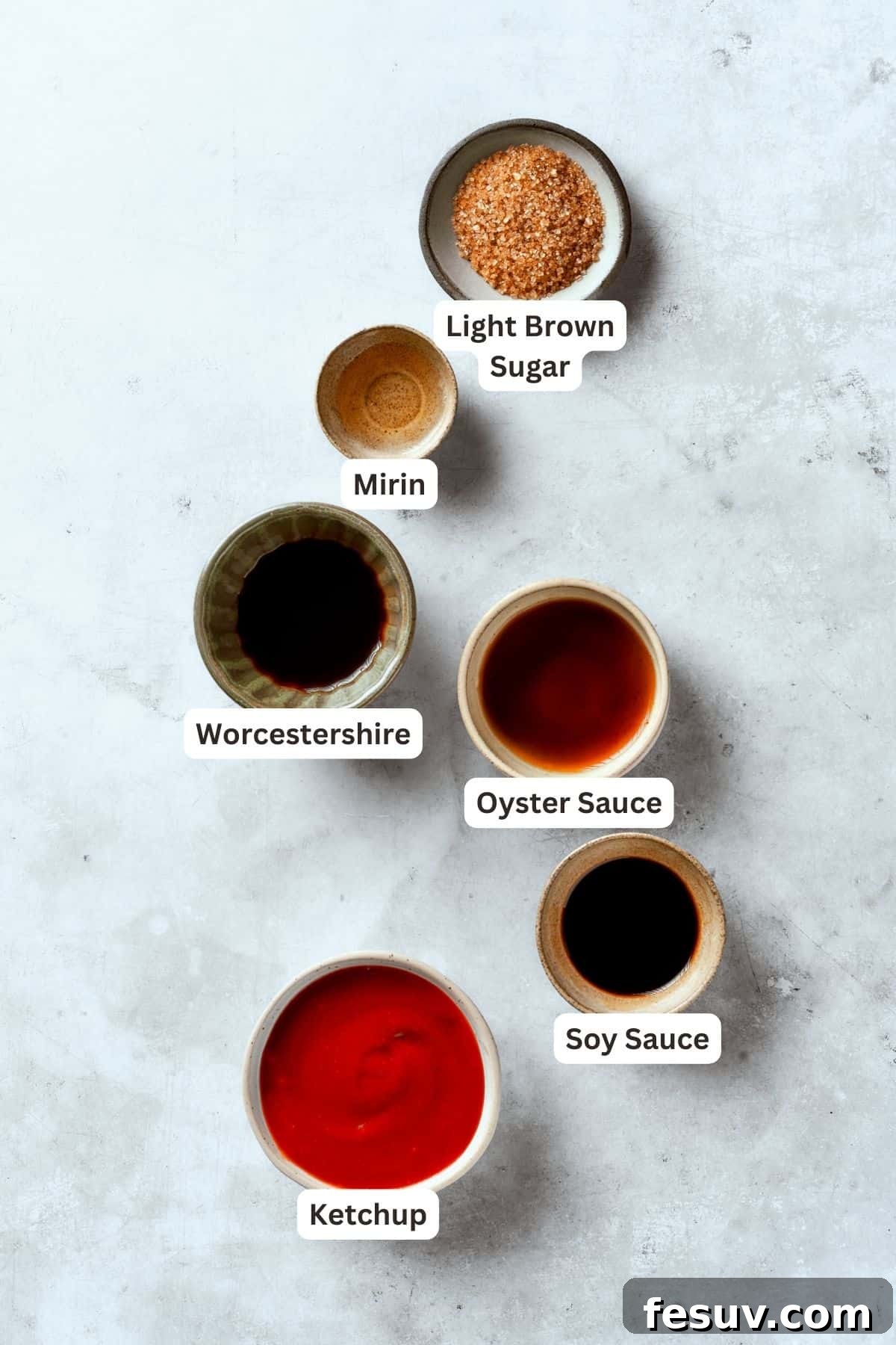 Ingredients for homemade Tonkatsu sauce, including oyster sauce, soy sauce, mirin, Worcestershire sauce, brown sugar, and ketchup.