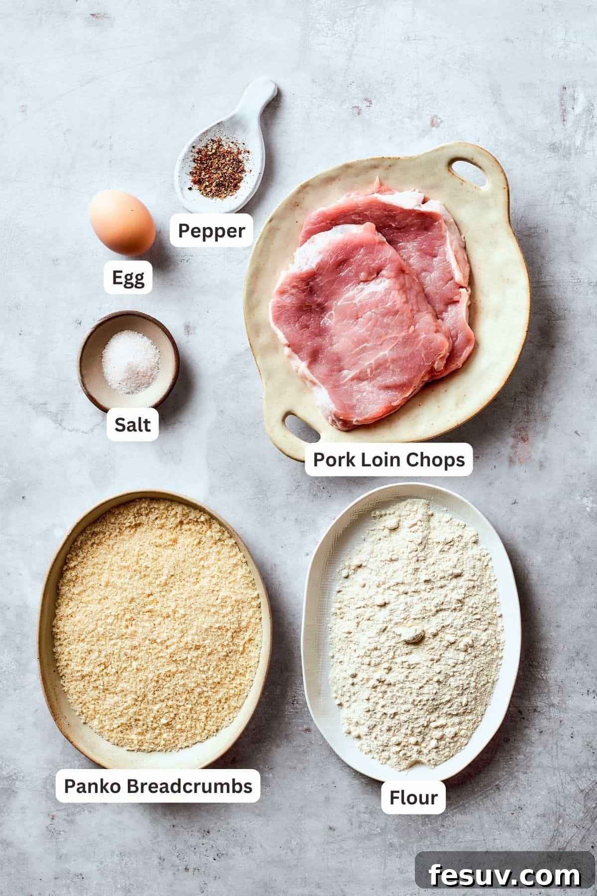 Main ingredients for Pork Katsu: pork cutlets, panko breadcrumbs, salt, pepper, egg, all-purpose flour, and frying oil.